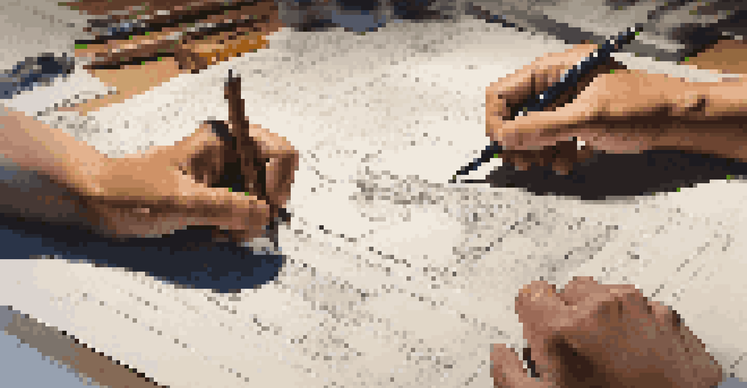Close-up of a seasoned professional's hand pointing at a blueprint while a young intern takes notes with a pen, in a workshop setting.