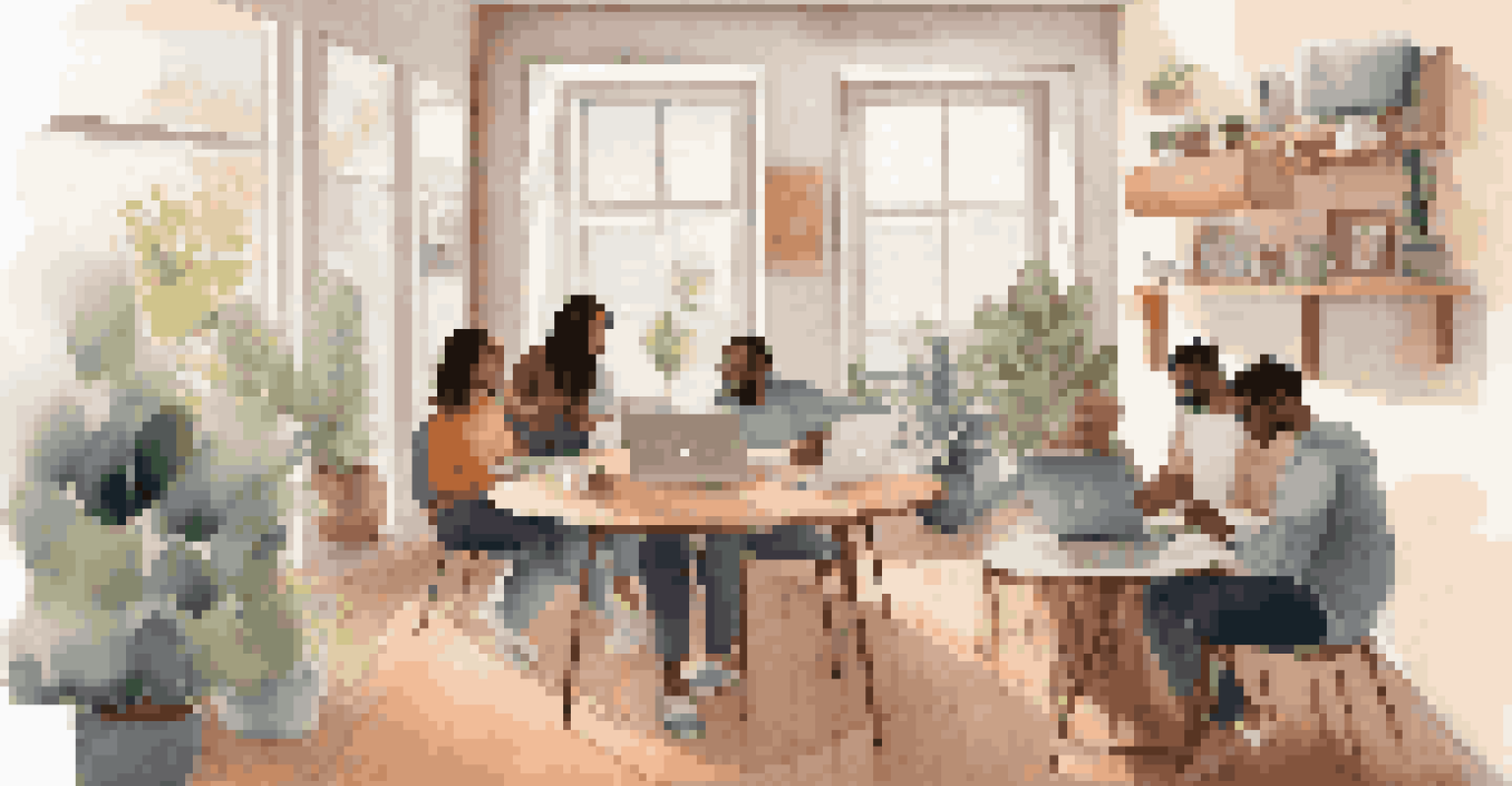 A diverse group of students attending an online class through laptops in various home settings, showcasing creativity and comfort.