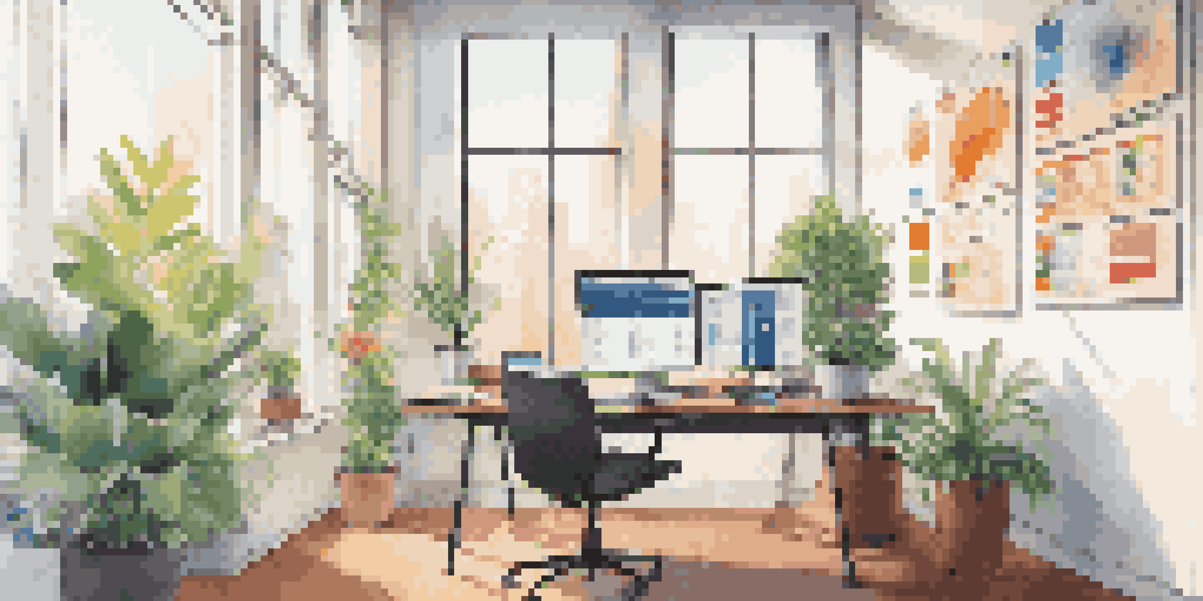 A modern office setup with a laptop displaying job market research, colorful charts on the wall, and sunlight coming through a window.