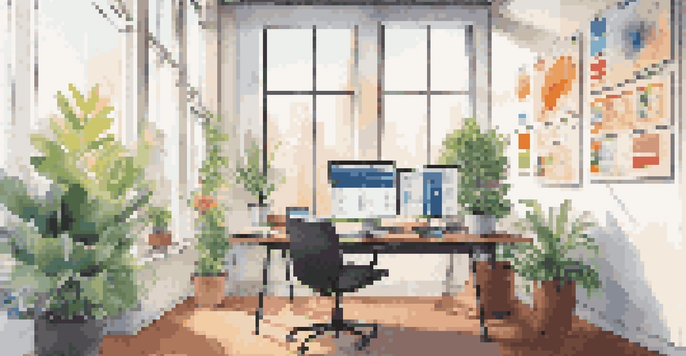 A modern office setup with a laptop displaying job market research, colorful charts on the wall, and sunlight coming through a window.