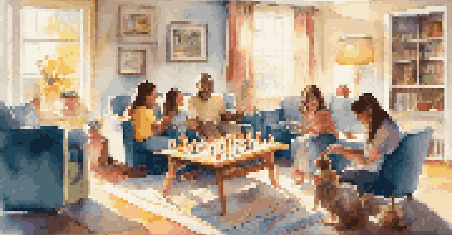 A happy family playing a board game in a bright living room, emphasizing togetherness and family bonding.