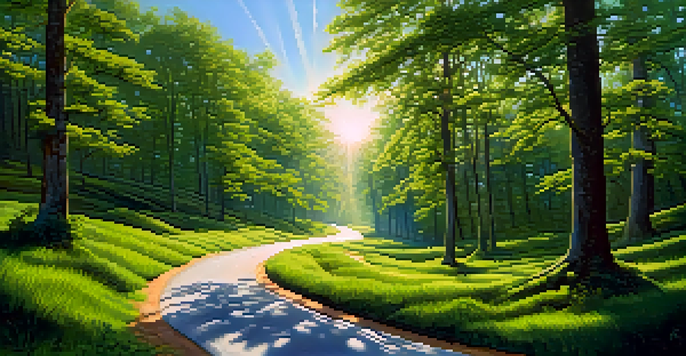 A winding road in a green forest with sunlight filtering through trees, signifying a career journey with motivational signposts.