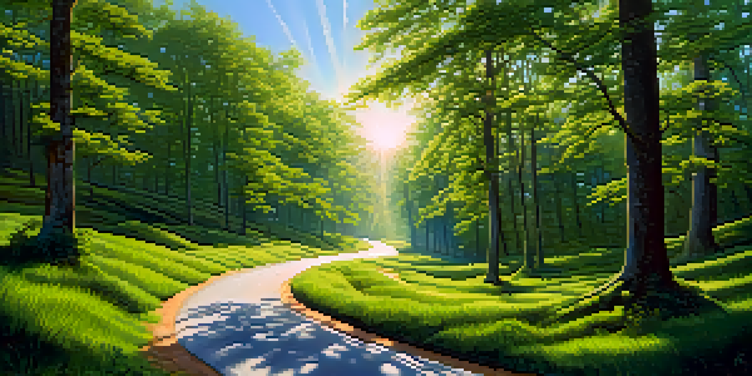 A winding road in a green forest with sunlight filtering through trees, signifying a career journey with motivational signposts.