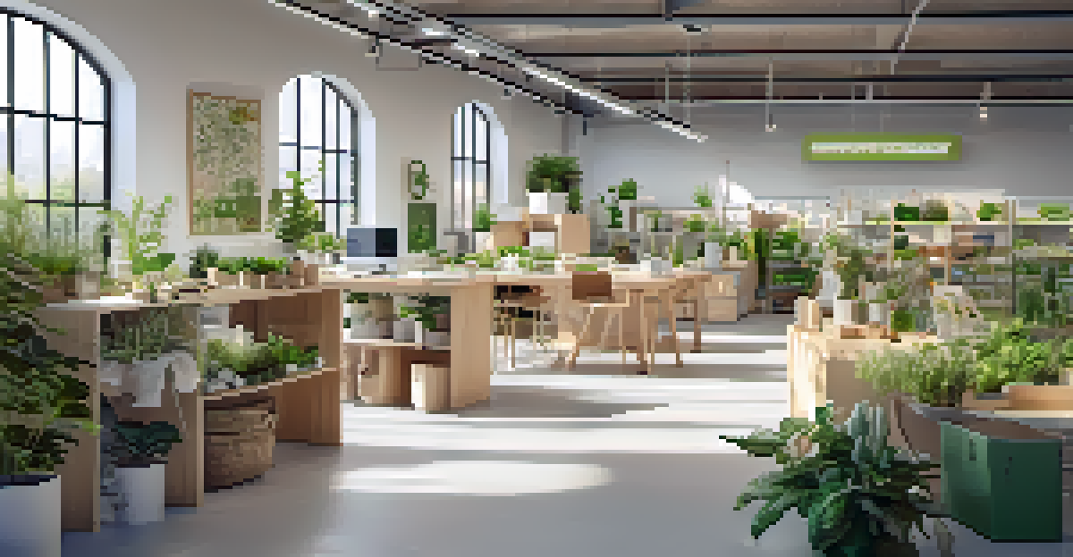 An eco-friendly design studio with prototypes of sustainable packaging, plants, and designers brainstorming ideas.