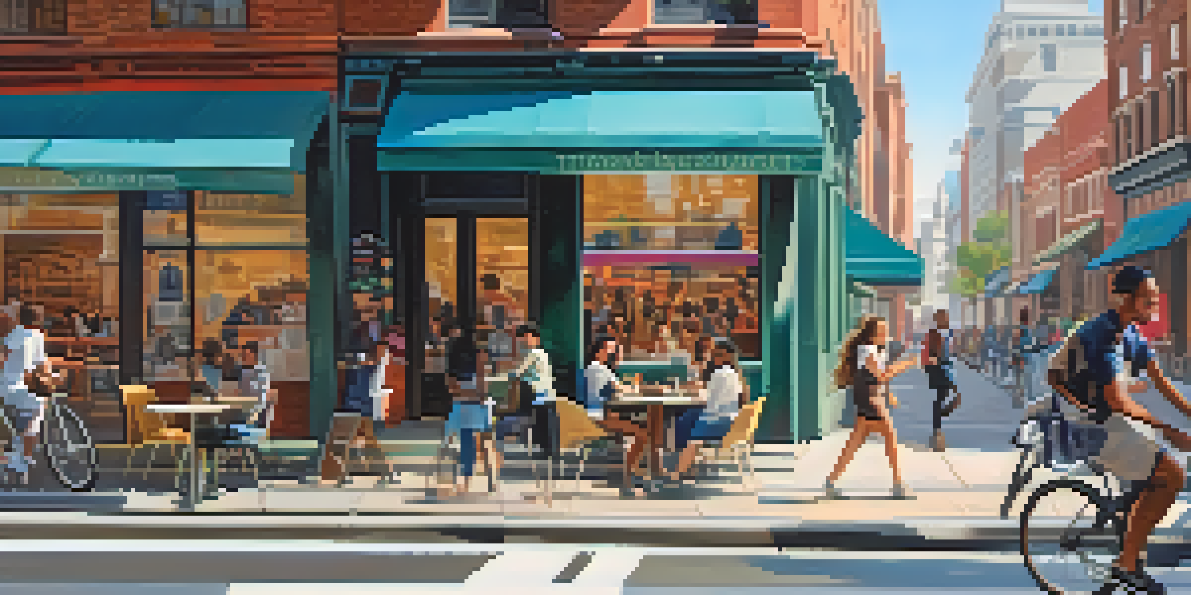 A busy city street with diverse gig workers, including a woman on a laptop and a cyclist, surrounded by colorful storefronts.