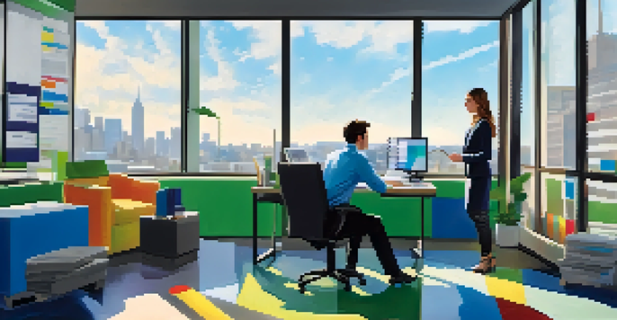 A young person observing a marketing manager in a bright, modern office filled with colorful marketing materials.