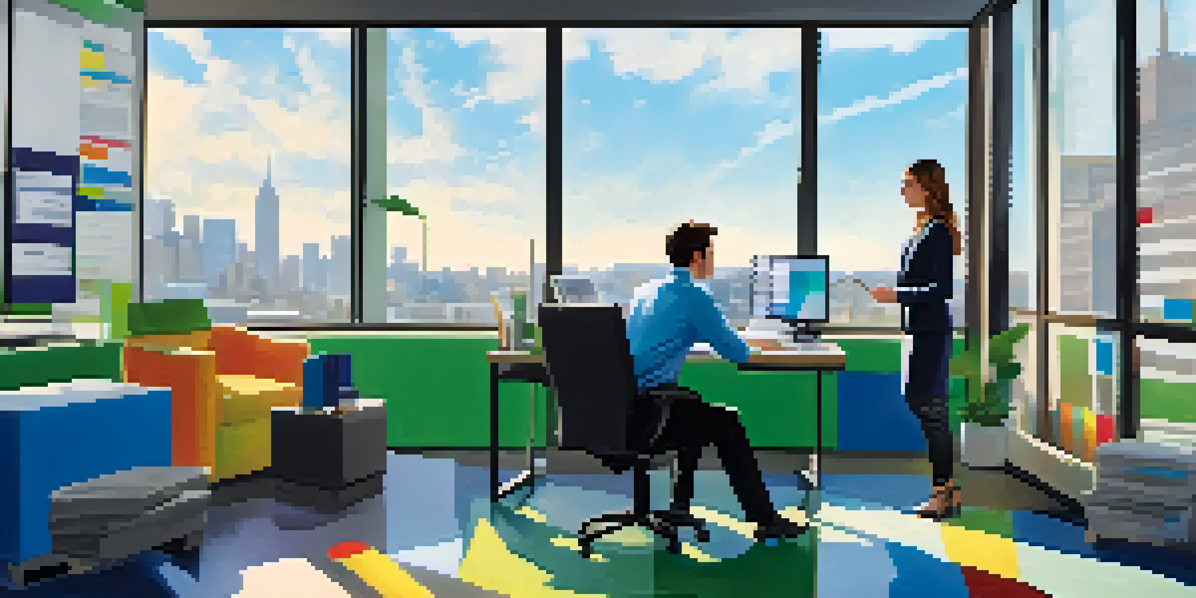 A young person observing a marketing manager in a bright, modern office filled with colorful marketing materials.