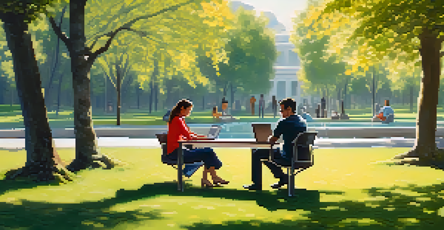 Employees enjoying a work-life balance, one working on a laptop in a sunny park and another relaxing with coffee.
