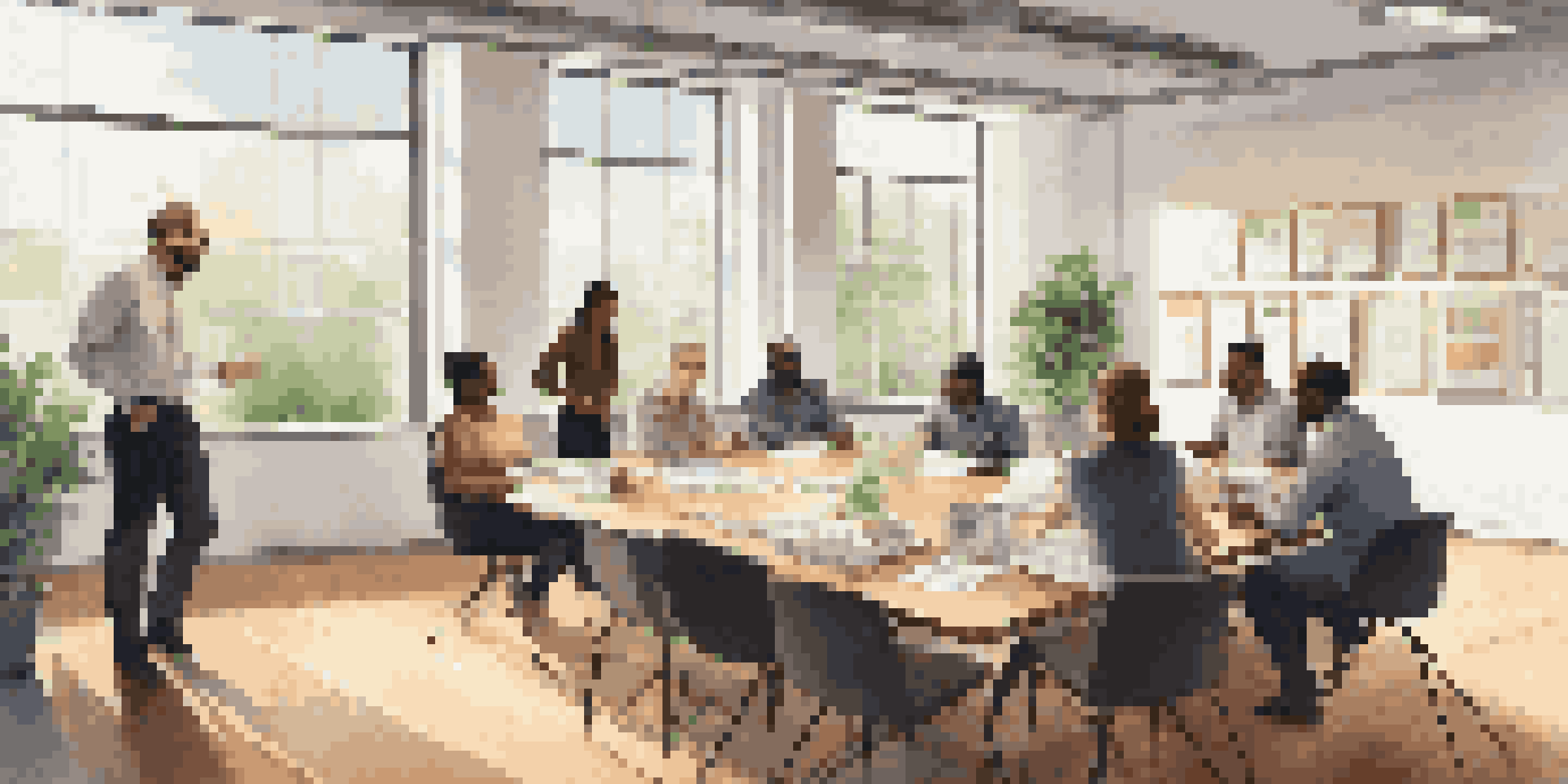 A group of diverse employees participating in a professional development workshop in a bright and modern office.