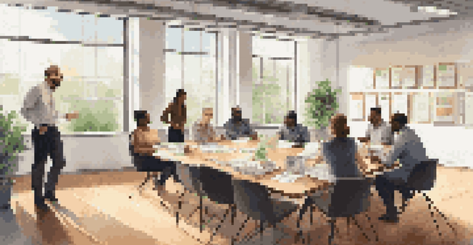 A group of diverse employees participating in a professional development workshop in a bright and modern office.