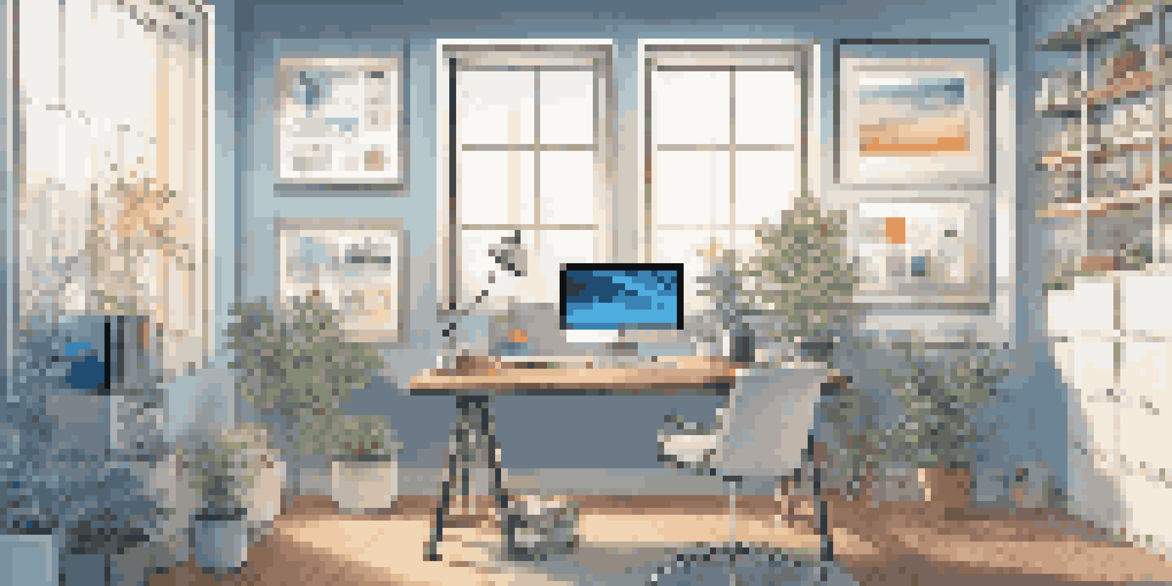A contemporary office workspace with a desk, laptop, and digital tools, illuminated by natural light.