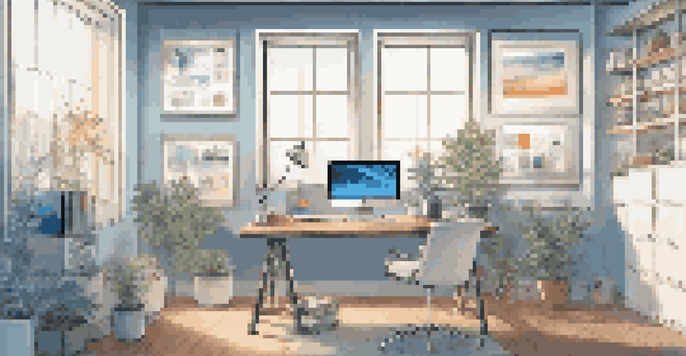 A contemporary office workspace with a desk, laptop, and digital tools, illuminated by natural light.