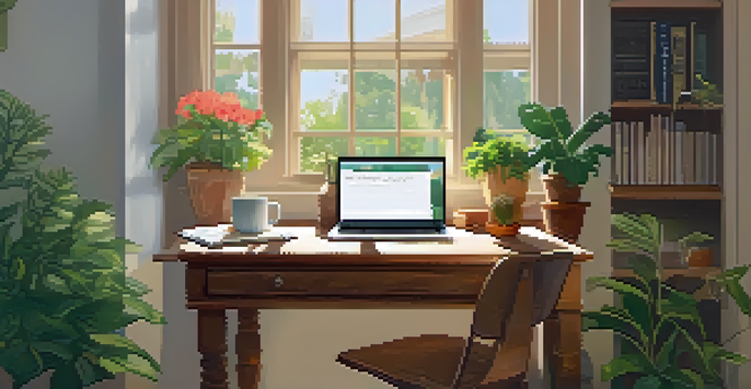 A bright and inviting workspace with a wooden desk, laptop, notepad, and coffee cup, overlooking a vibrant garden.