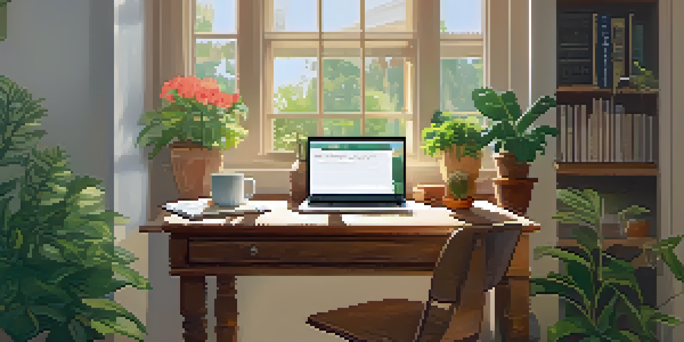 A bright and inviting workspace with a wooden desk, laptop, notepad, and coffee cup, overlooking a vibrant garden.