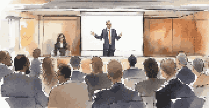 A confident speaker at a podium engaging a diverse audience in a modern conference hall.