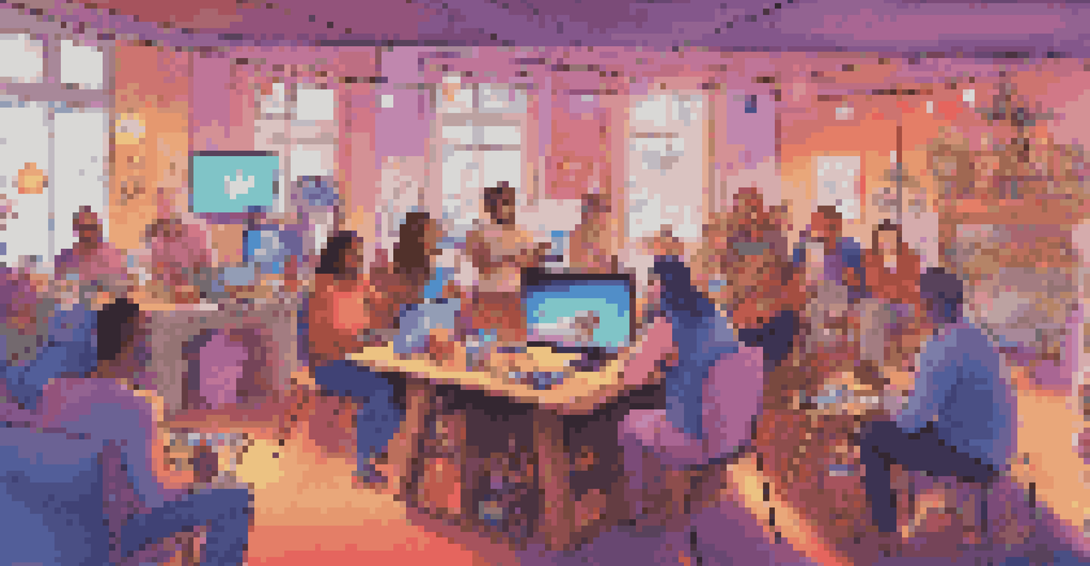 Remote team members enjoying an online game night, laughing and collaborating around their computers in a festive atmosphere.