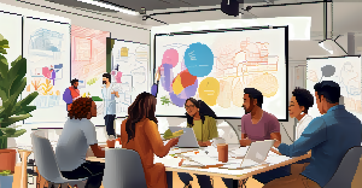 A diverse marketing team in a creative workspace discussing ideas in front of a whiteboard.