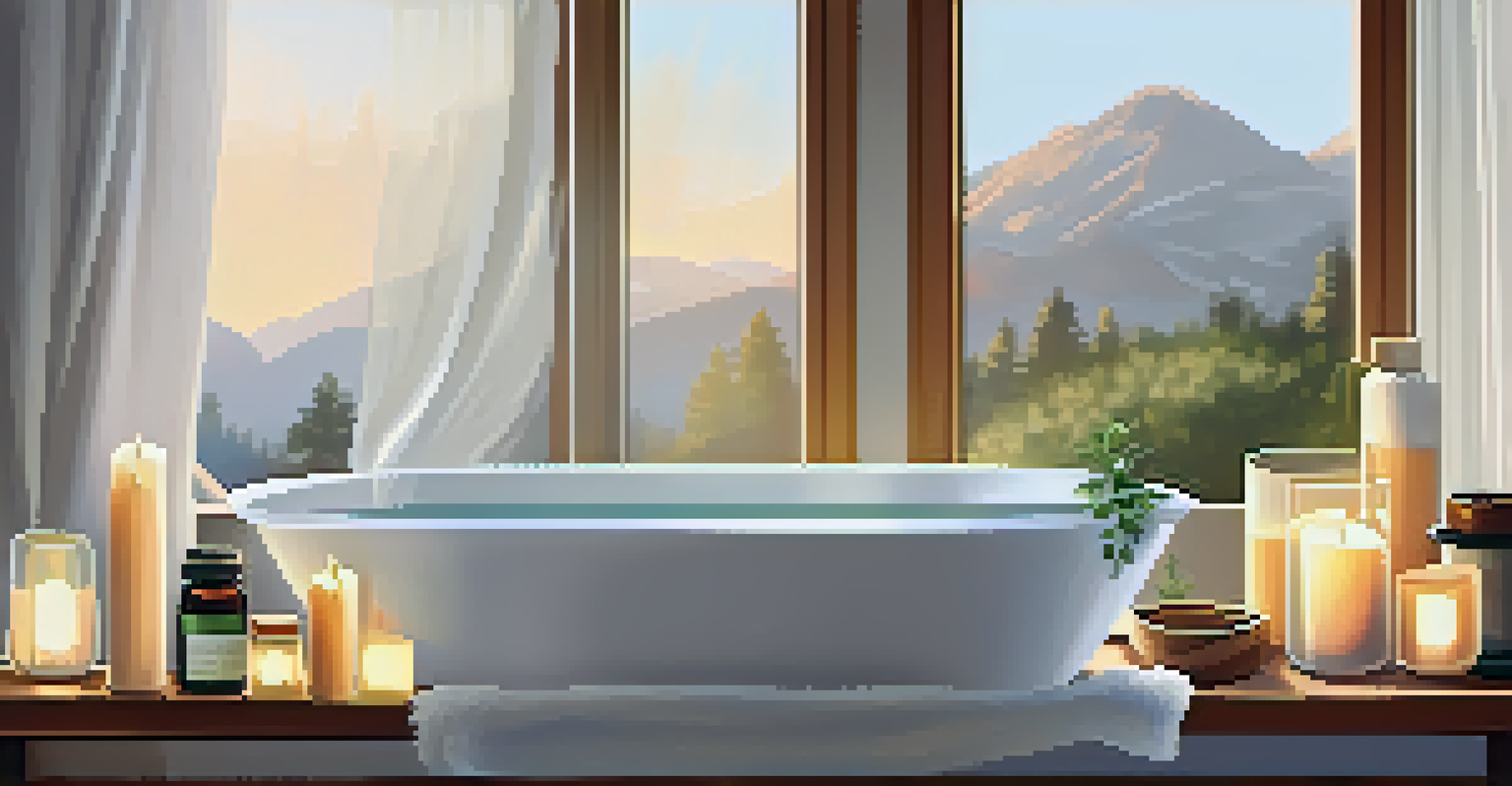 A cozy spa setup with candles, oils, and a bathtub, illuminated by natural light.