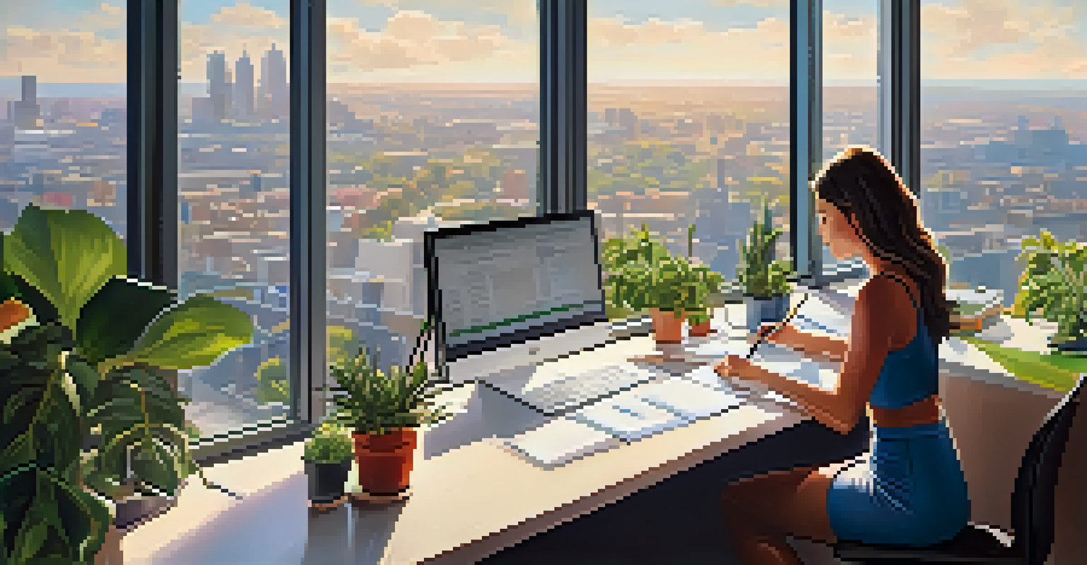 A woman in a bright office writing in a notebook, with city views and plants around her.