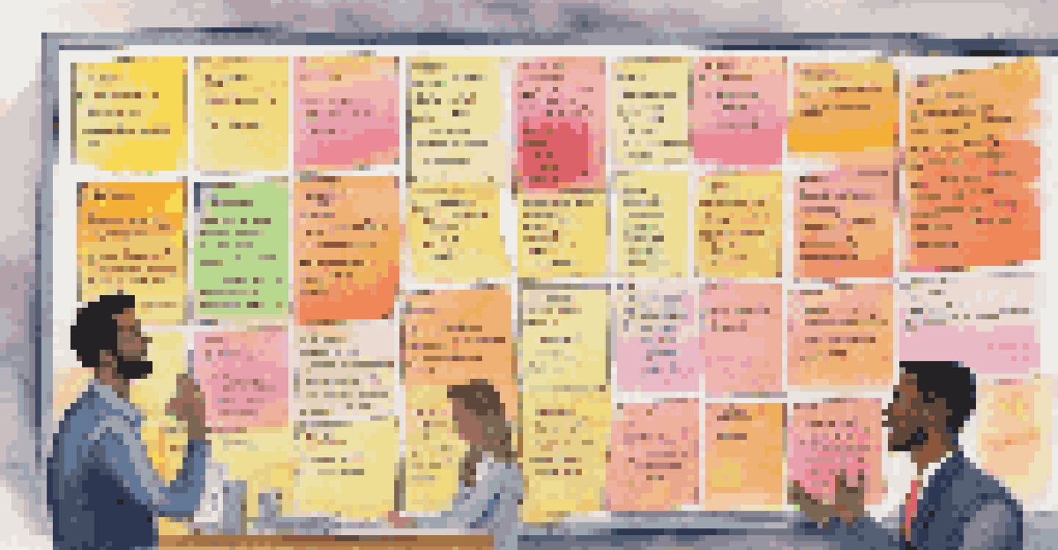A feedback board covered in colorful sticky notes, with employees in the background engaged in discussion, highlighting an open communication culture.