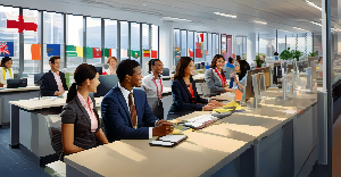 A diverse group of customer service representatives interacting warmly with customers from different cultural backgrounds in a modern office.