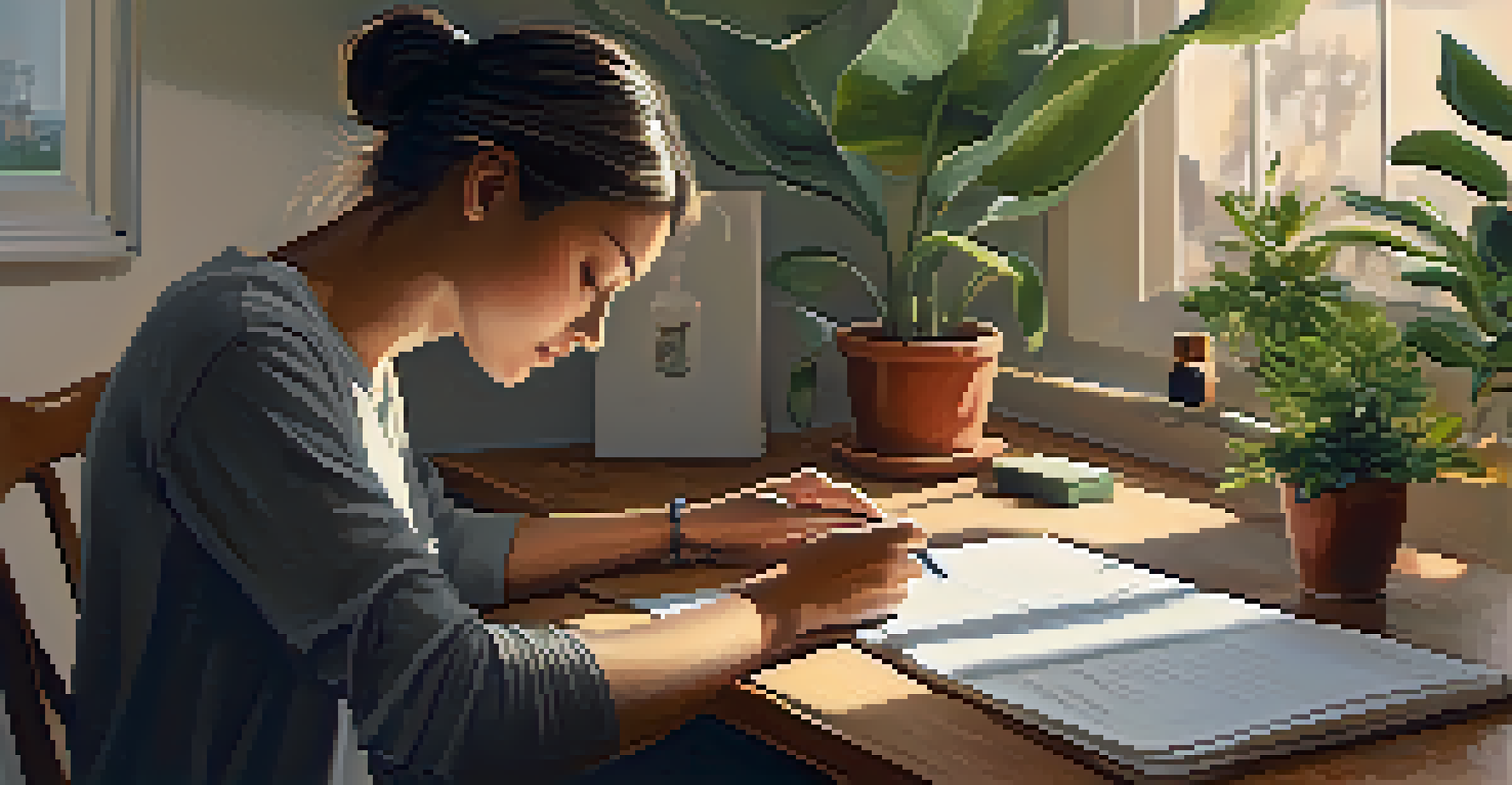 A person practicing mindfulness at their desk, eyes closed with a serene expression, surrounded by calming decor.