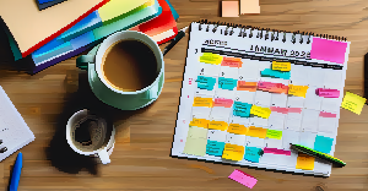 A close-up of a calendar with colorful deadlines, sticky notes with quotes, and a cup of coffee, representing organized planning.