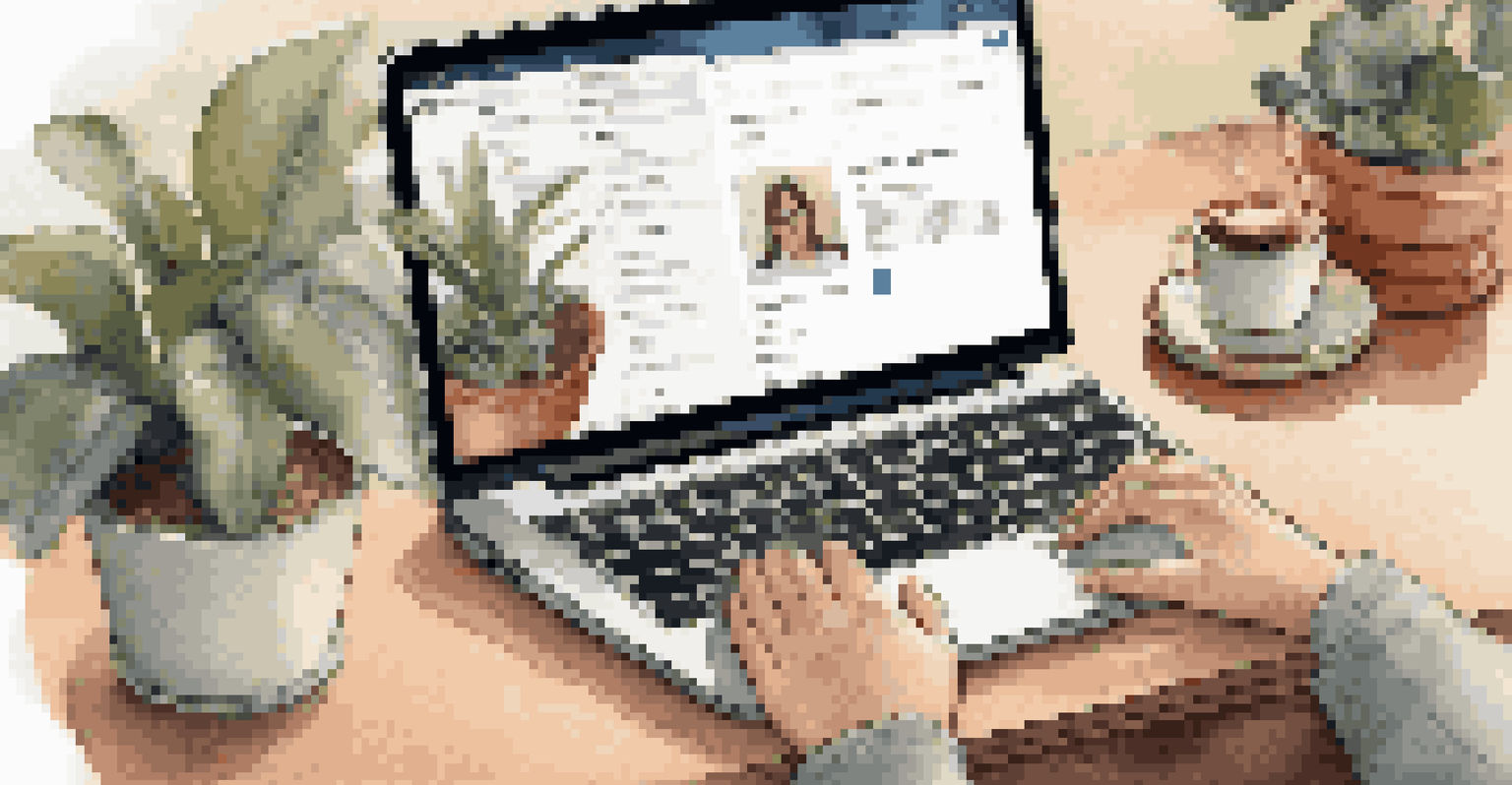 Hands typing on a laptop with a LinkedIn profile on the screen in a cozy home office.