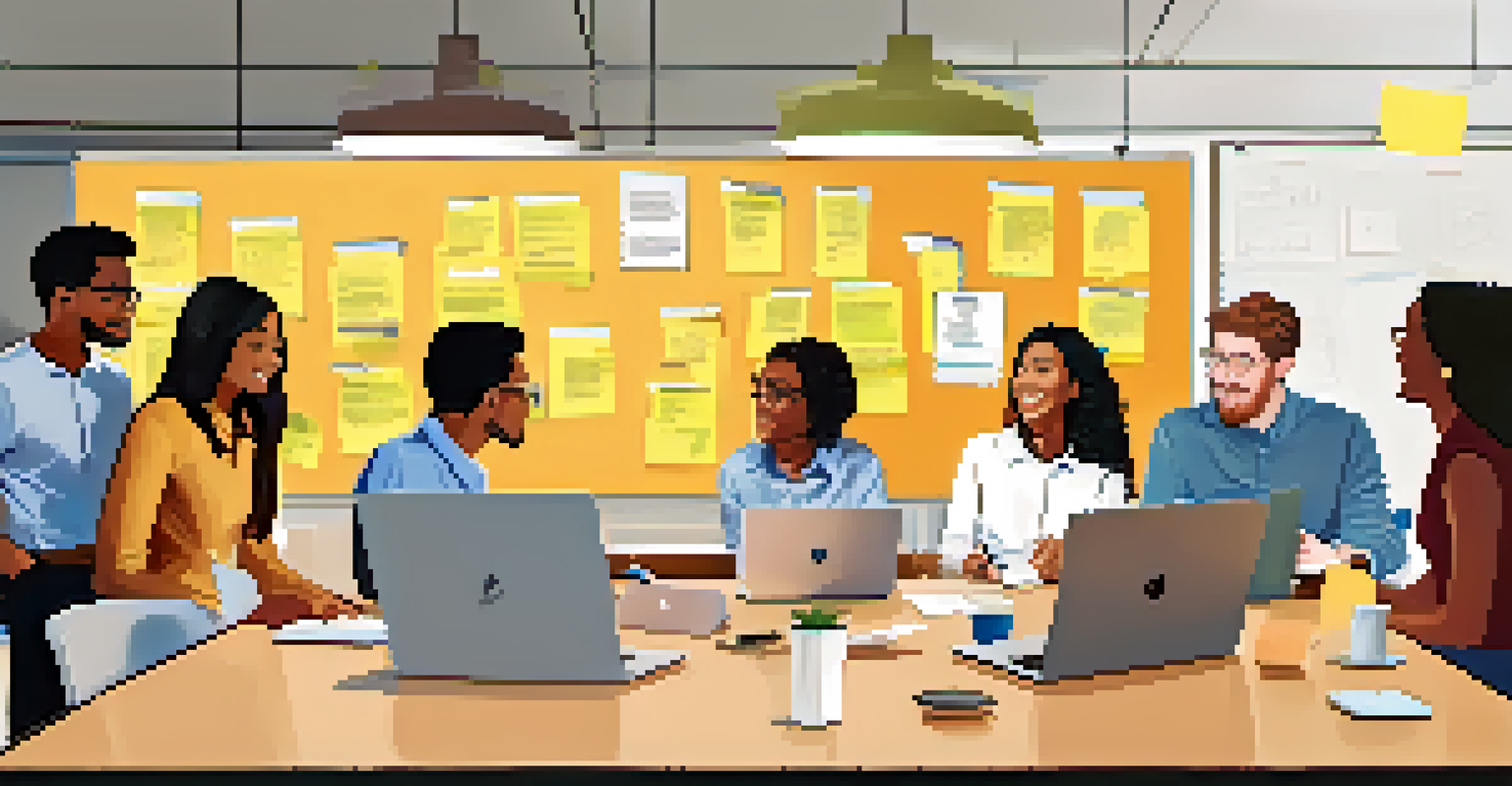Diverse interns collaborating and brainstorming ideas around a conference table with sticky notes and laptops.