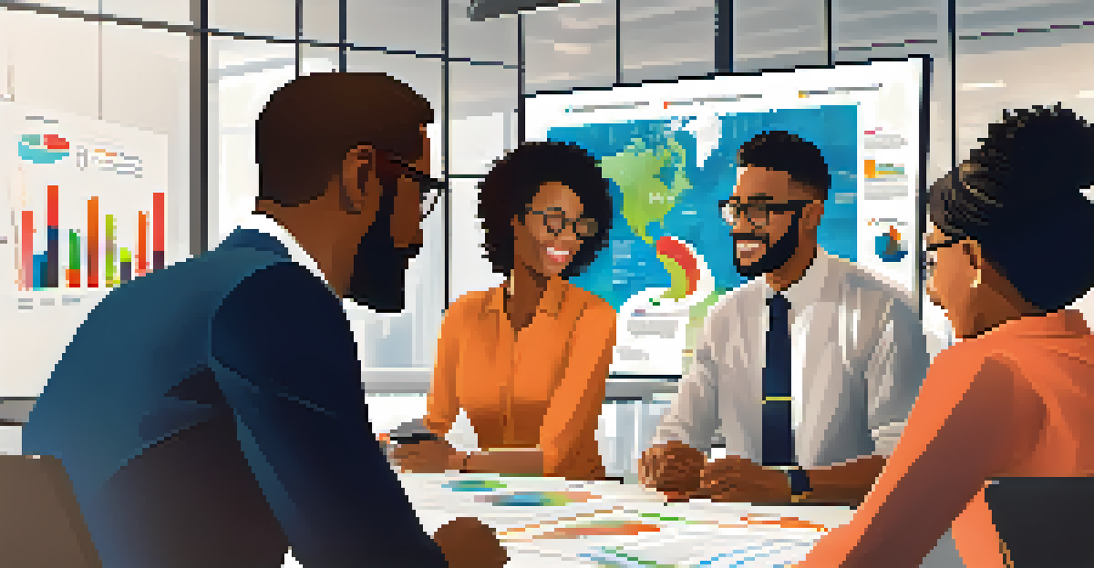 A group of diverse professionals discussing ideas around a conference table in a modern office.