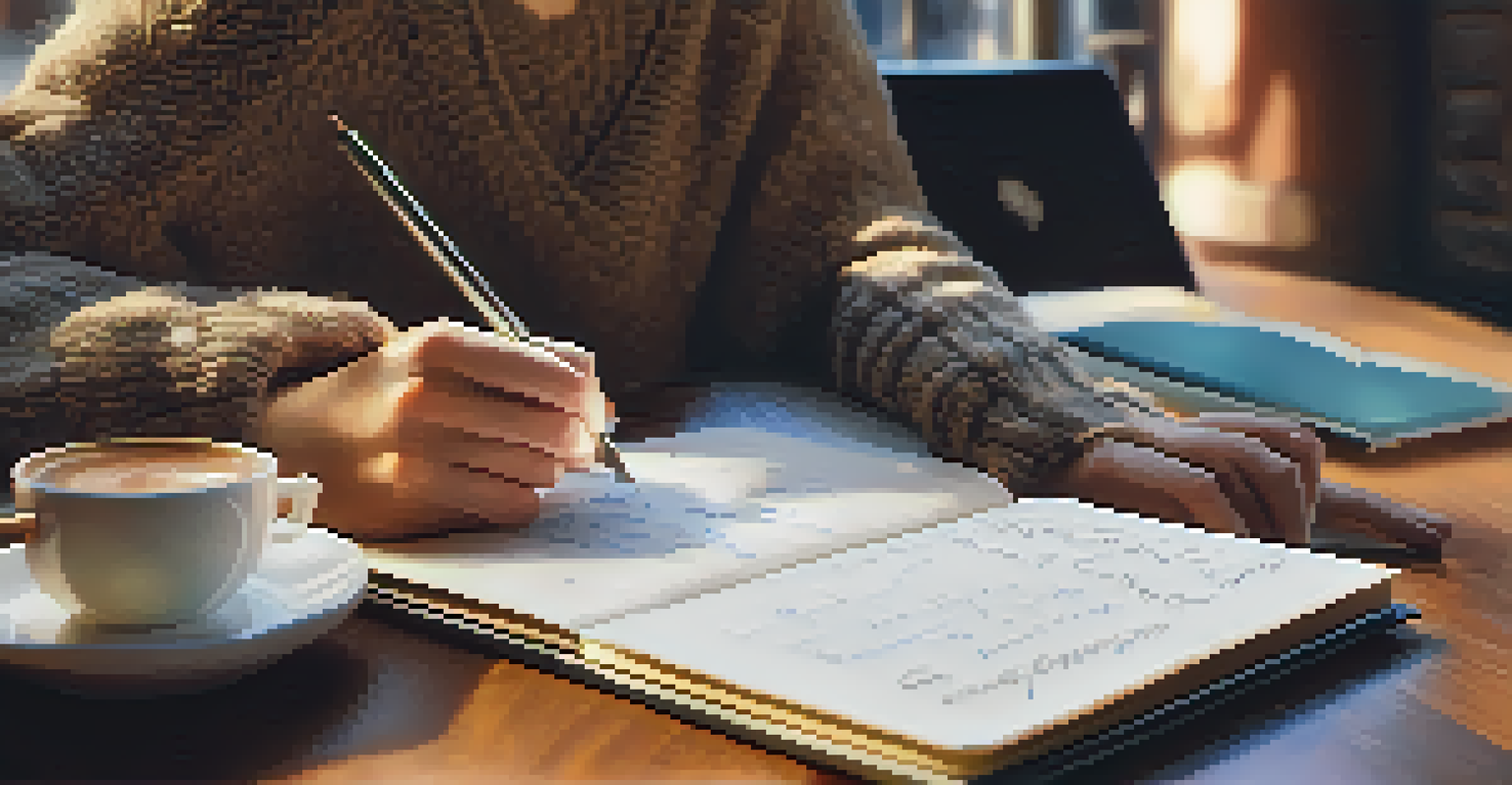 A close-up of a person writing in a notebook with coffee and a laptop in a cozy café.