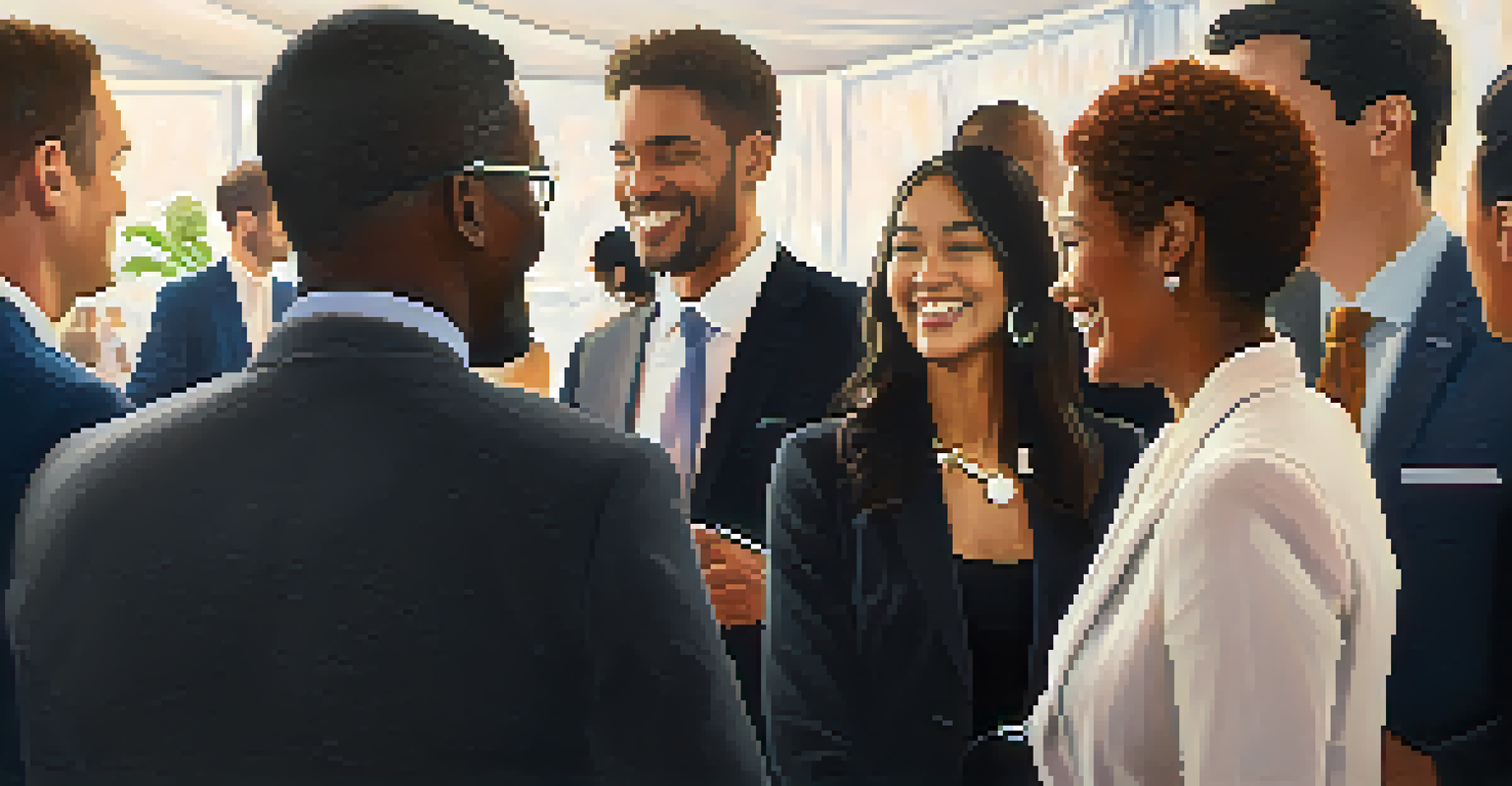 A diverse group of professionals networking at an event, engaged in conversation and exchanging business cards.