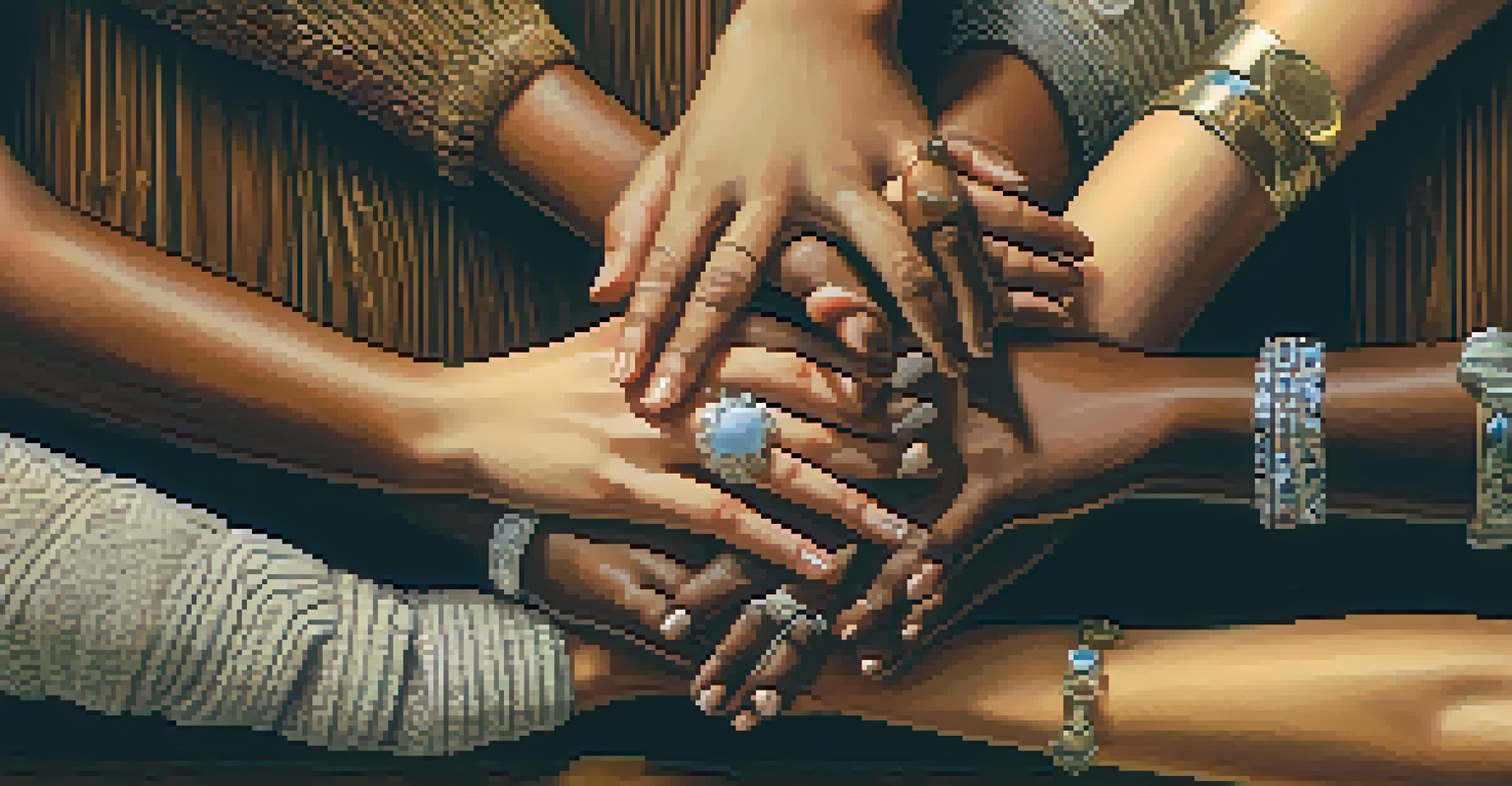 Close-up of diverse hands joining together on a wooden table, symbolizing unity and inclusion.