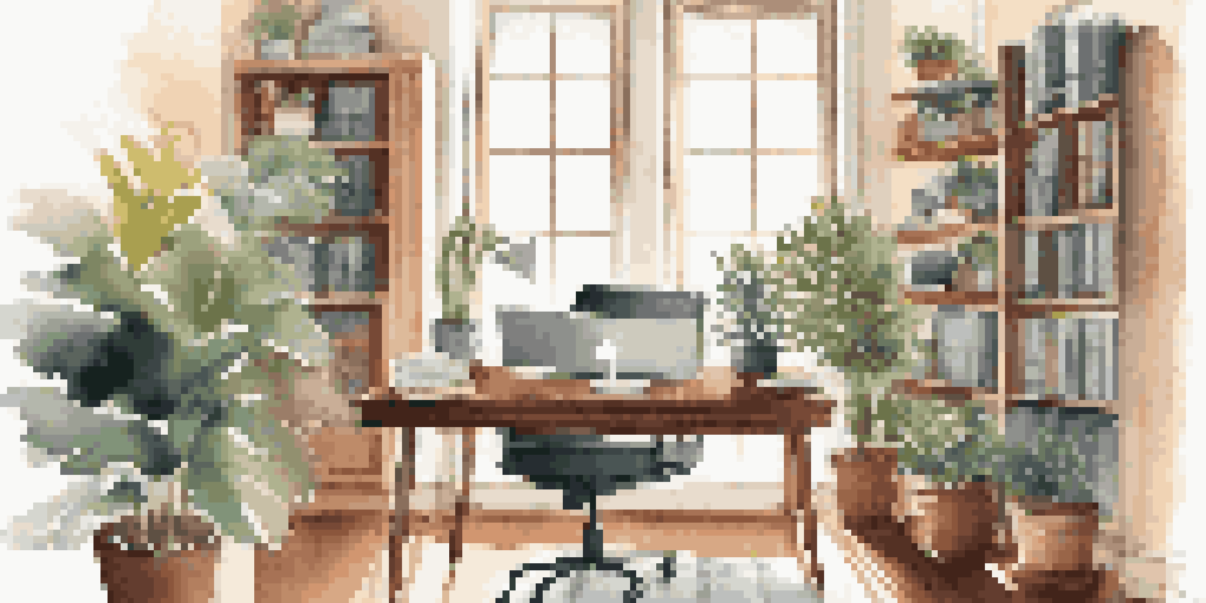 A cozy home workspace with a laptop, coffee, and indoor plants, illuminated by soft natural light.