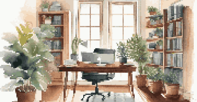 A cozy home workspace with a laptop, coffee, and indoor plants, illuminated by soft natural light.