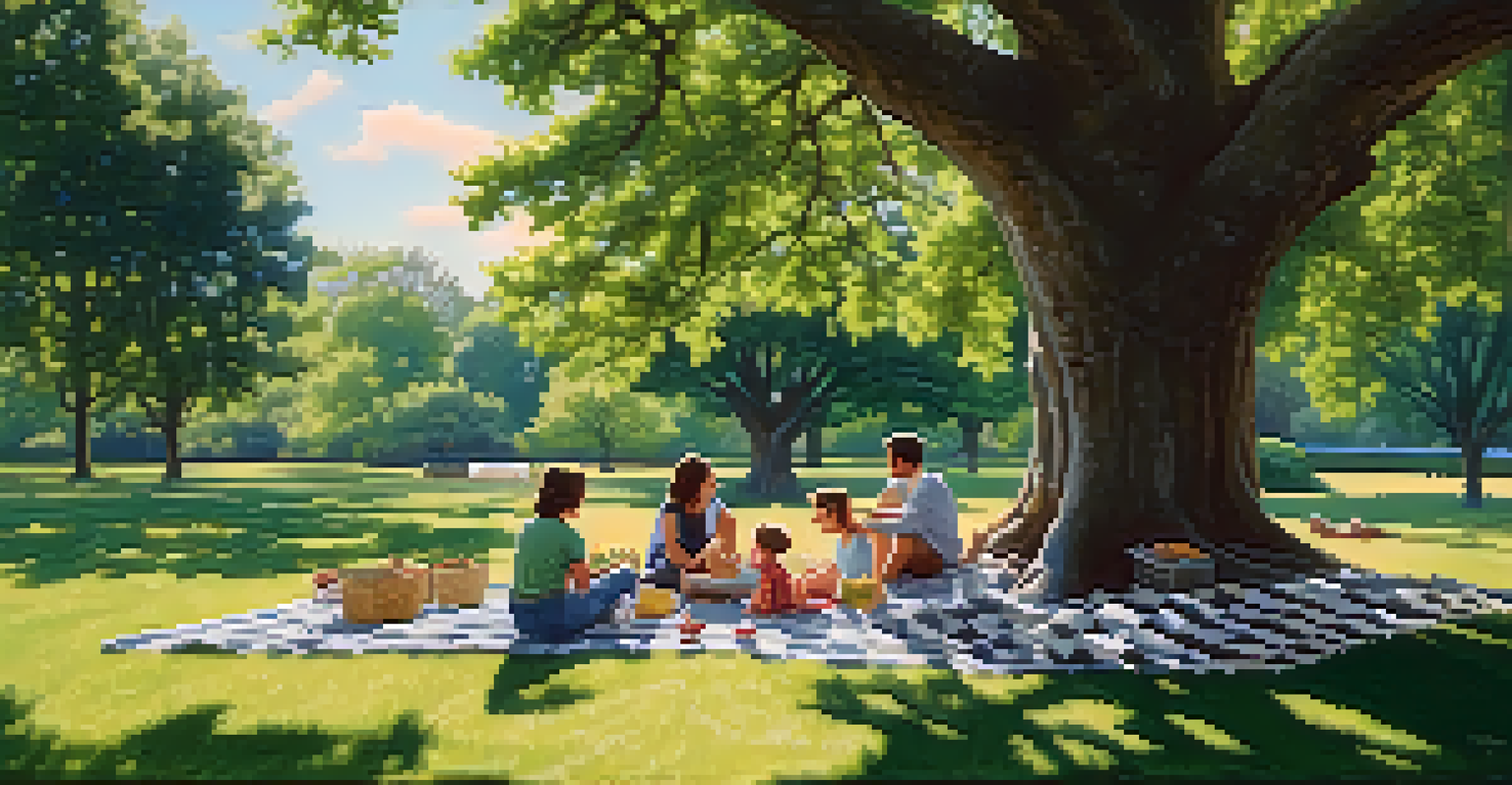 A family having a picnic in a green park with a checkered blanket and children playing.