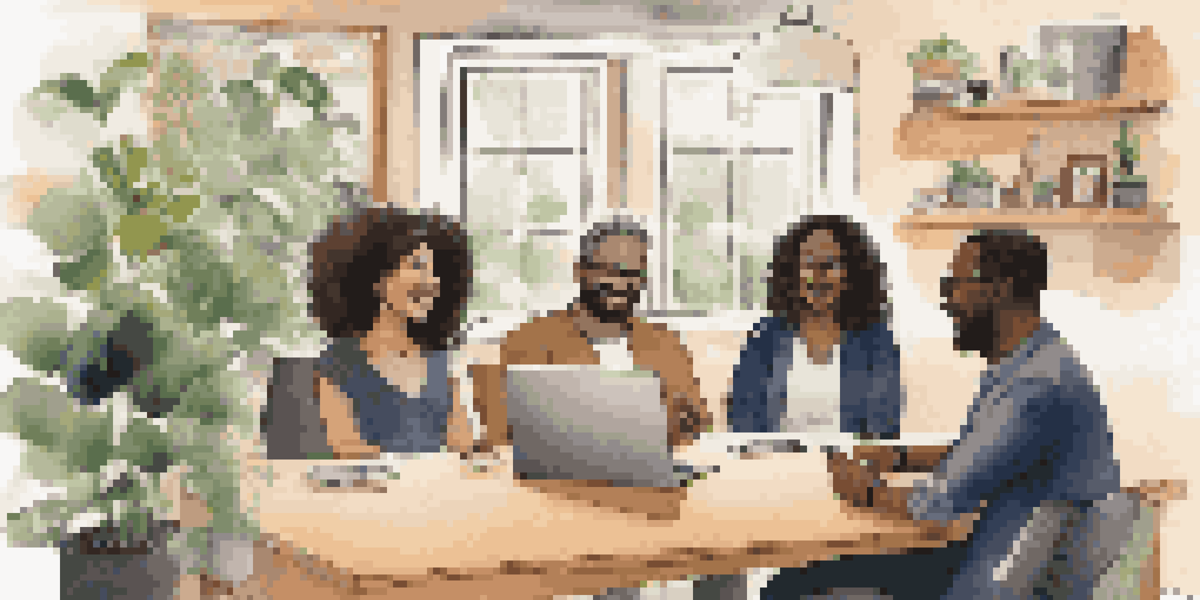 A group of diverse professionals on a video call, sharing stories in a warm and inviting home office setting.