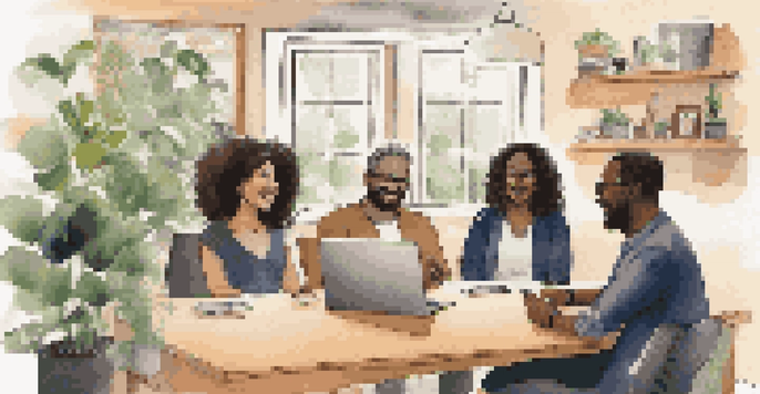 A group of diverse professionals on a video call, sharing stories in a warm and inviting home office setting.