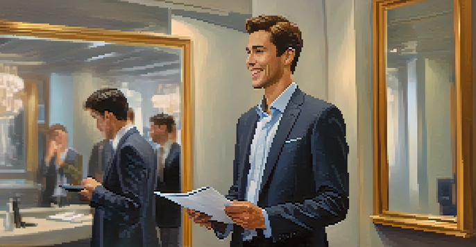A professional person practicing body language in front of a mirror, showing confidence and engagement.