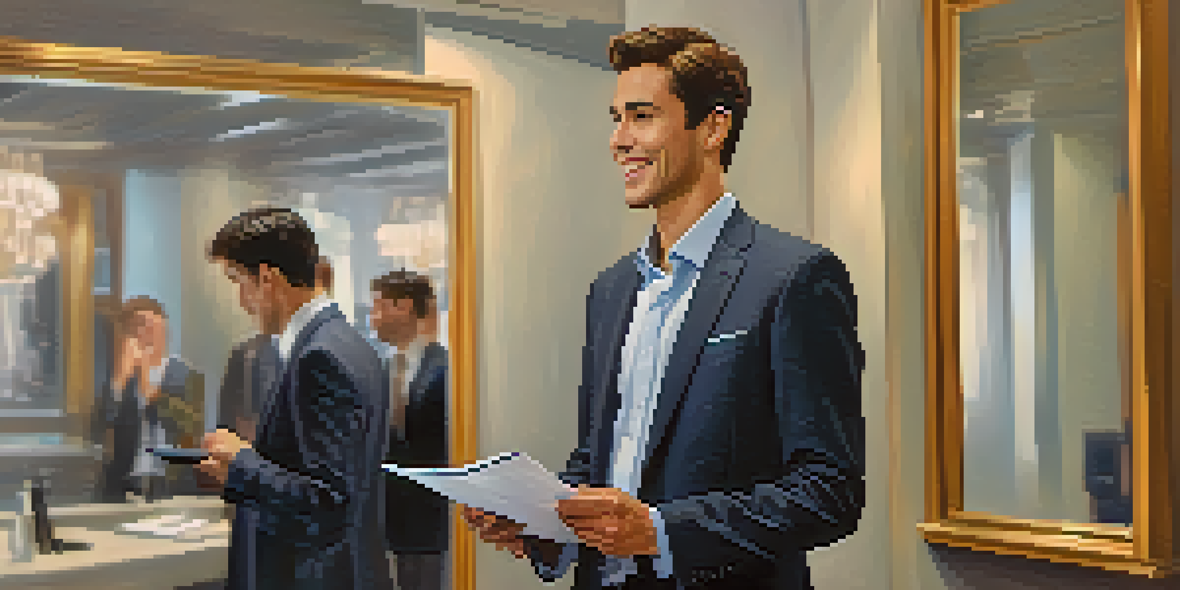 A professional person practicing body language in front of a mirror, showing confidence and engagement.