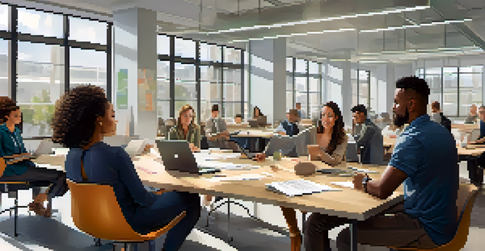 Diverse group of employees discussing ideas in a bright office environment, emphasizing collaboration and open communication.