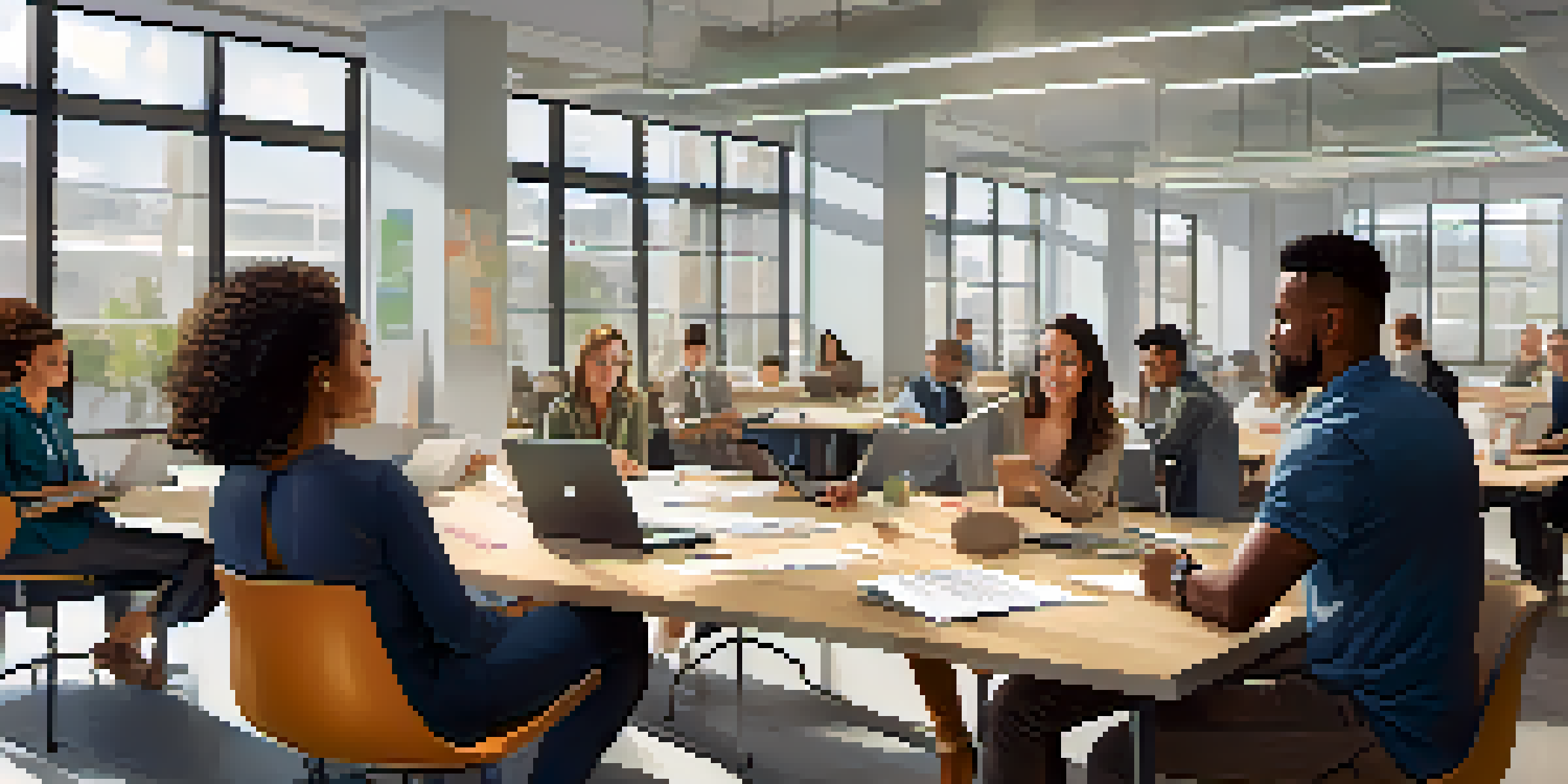 Diverse group of employees discussing ideas in a bright office environment, emphasizing collaboration and open communication.