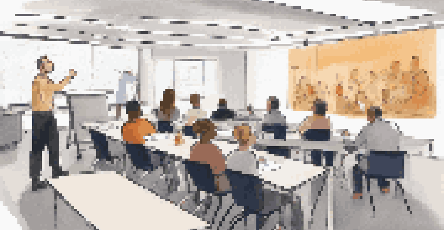 A training session on workplace ethics with participants engaging and taking notes in a modern classroom.