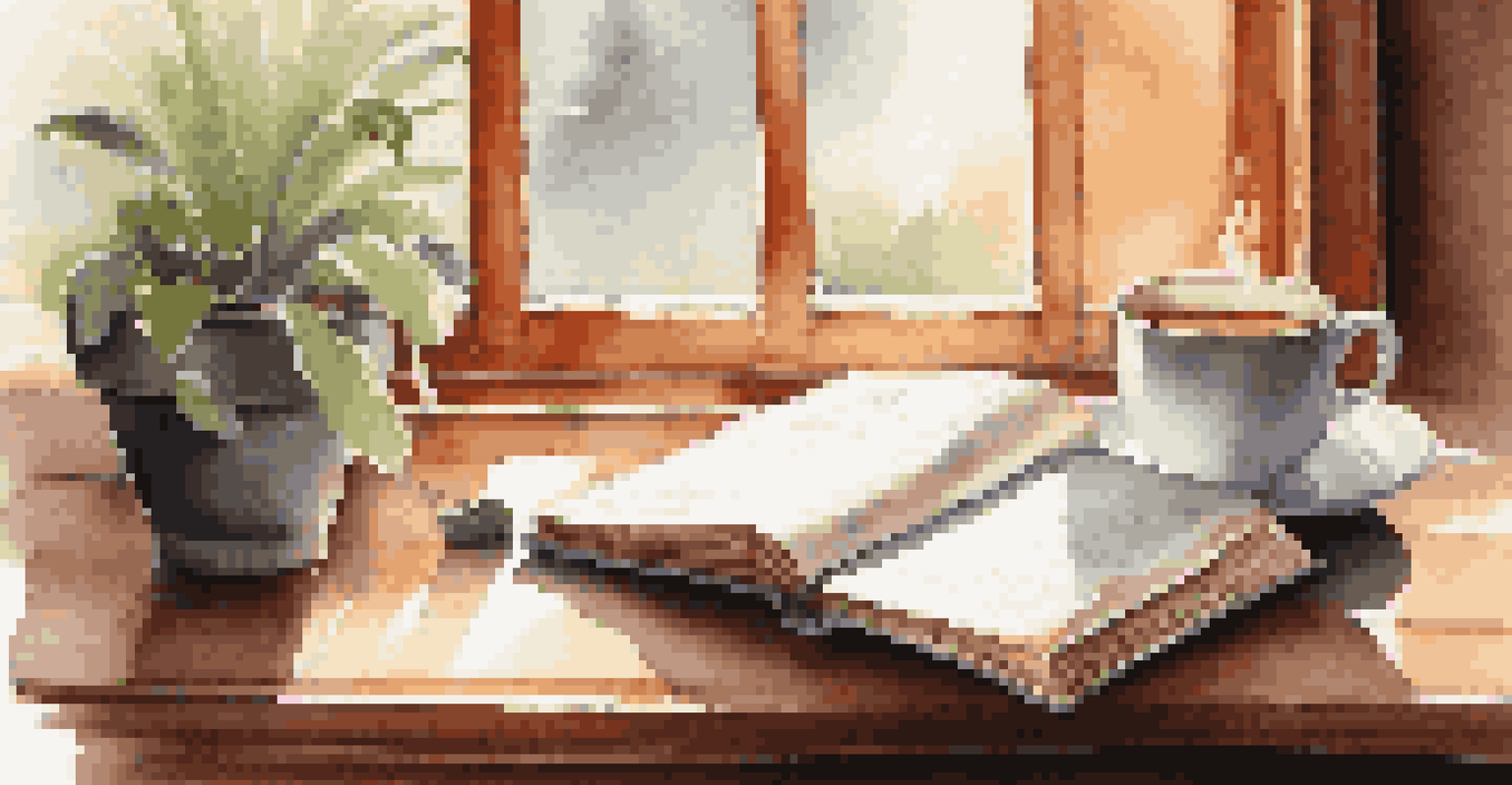 An open book on leadership skills on a wooden desk, accompanied by a potted plant and a steaming cup of coffee in soft morning light.