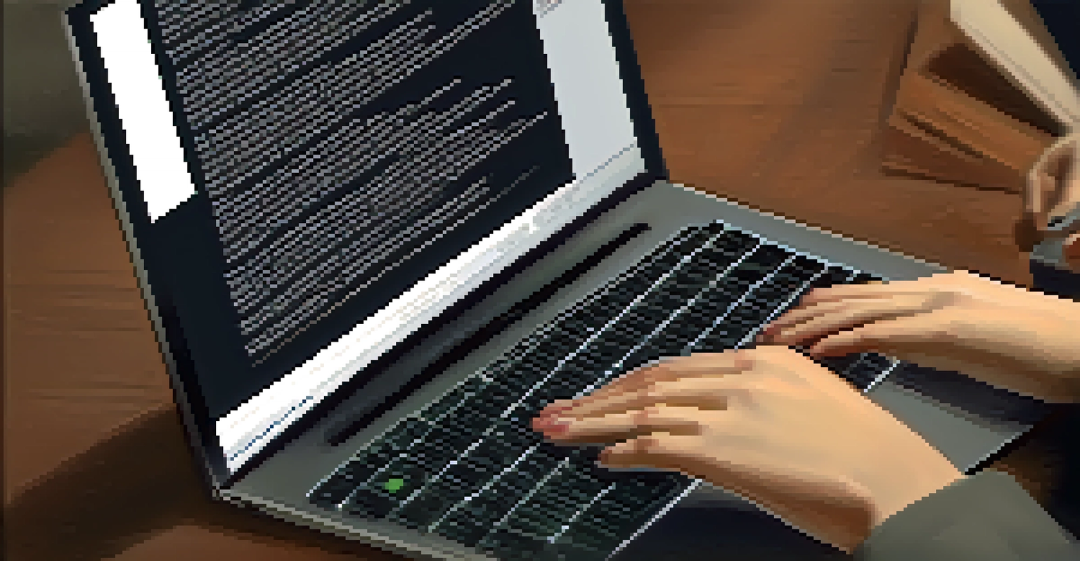 Close-up of hands typing a follow-up email on a laptop, with a focused expression.