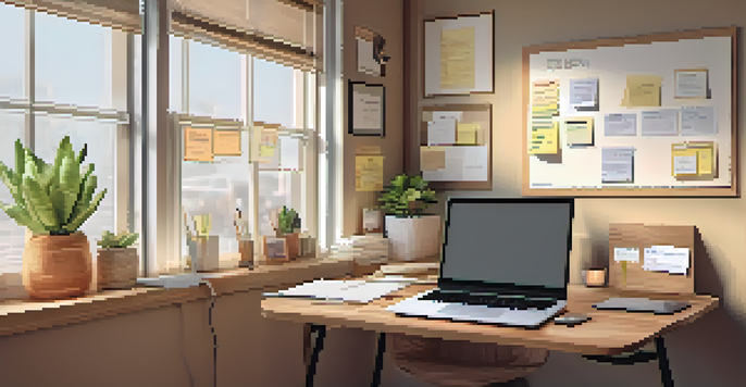 A wooden desk with a laptop displaying a career timeline chart, a vision board in the background, and soft natural light coming through a window.