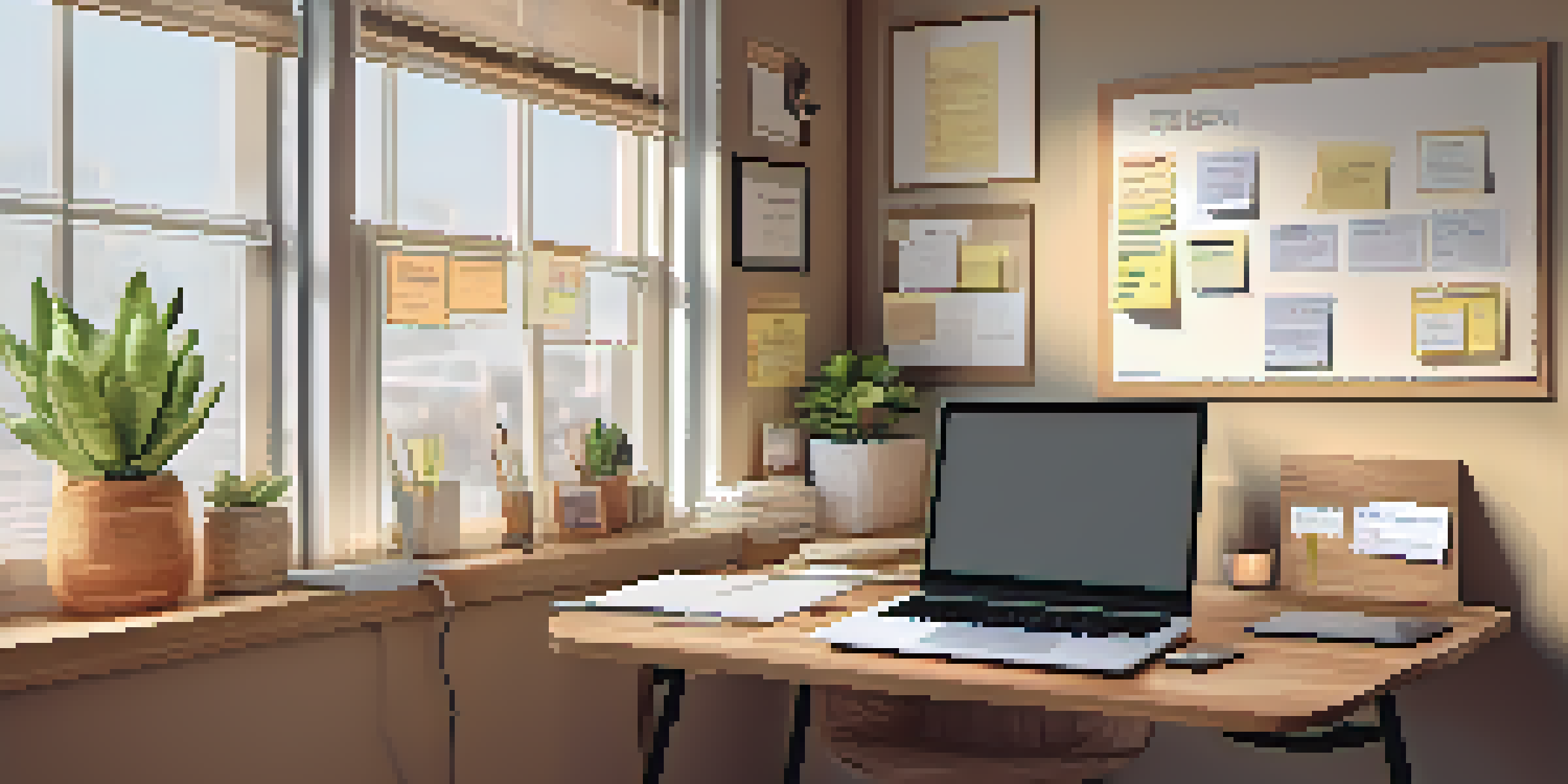 A wooden desk with a laptop displaying a career timeline chart, a vision board in the background, and soft natural light coming through a window.