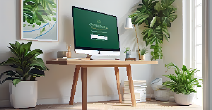A bright and serene office space with a modern desk, laptop, notepad, and coffee cup, surrounded by green plants and a motivational quote on the wall.