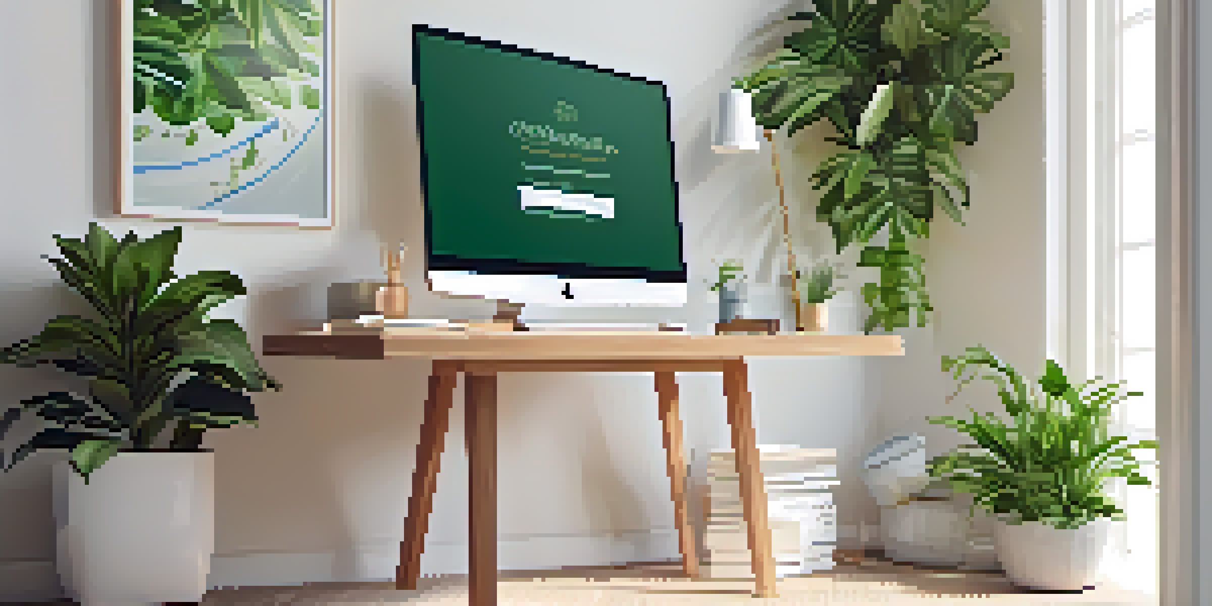 A bright and serene office space with a modern desk, laptop, notepad, and coffee cup, surrounded by green plants and a motivational quote on the wall.