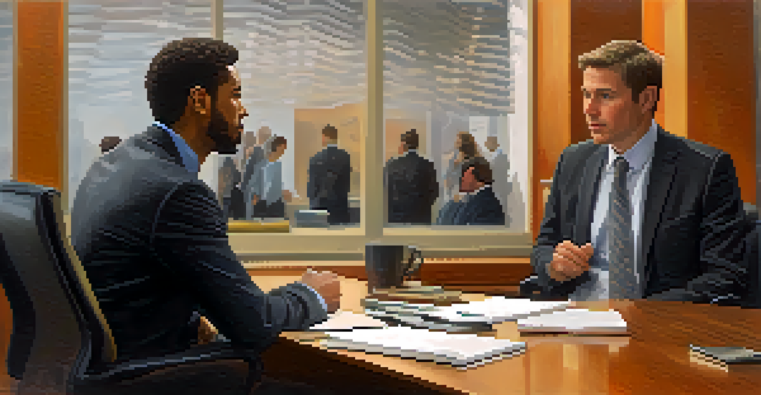 Two colleagues engaged in a conflict resolution discussion, with one speaking and the other listening intently in a warm office environment.